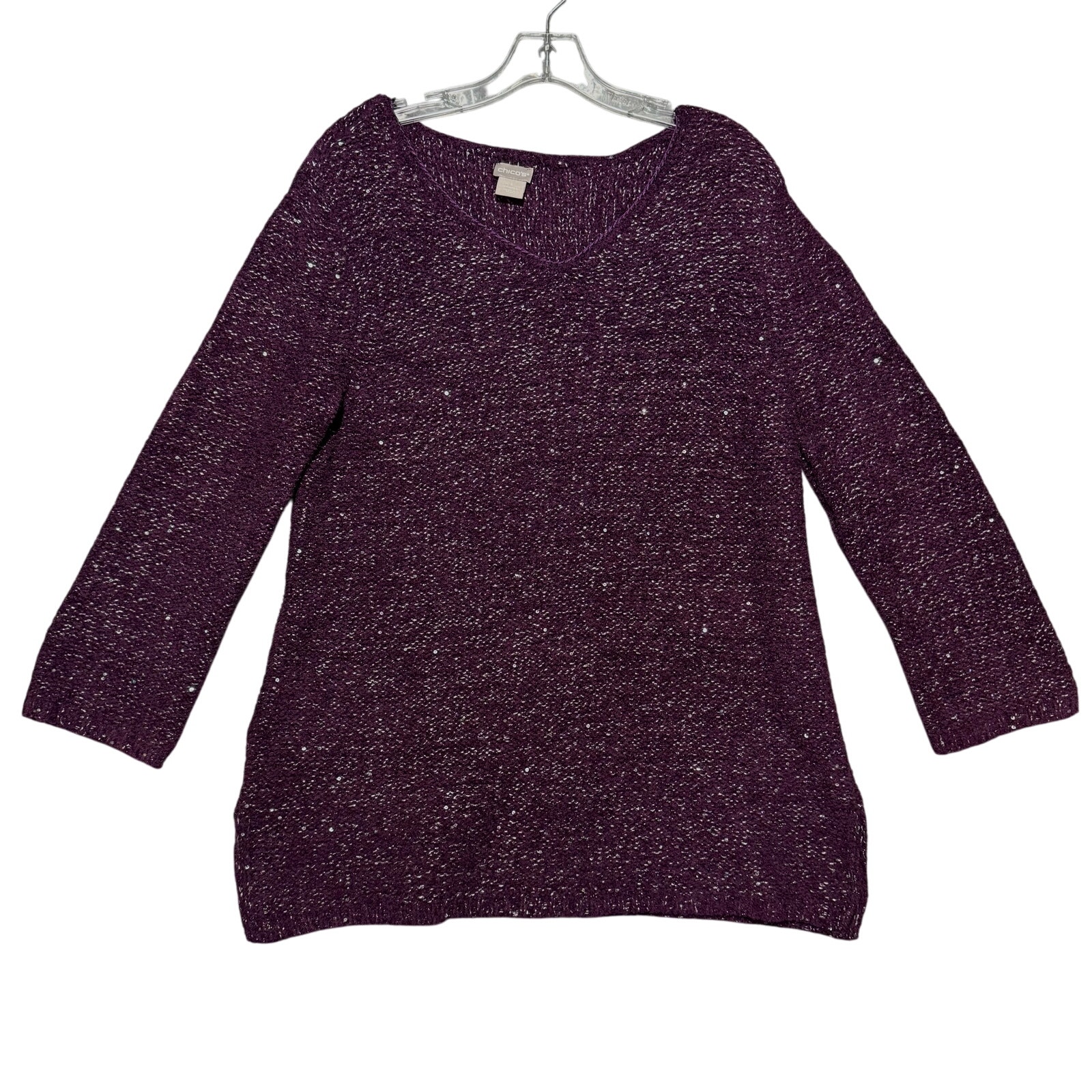 Chico's V-Neck Knit Long Sleeve Tunic Top Sweater Women M Metallic Silver Purple